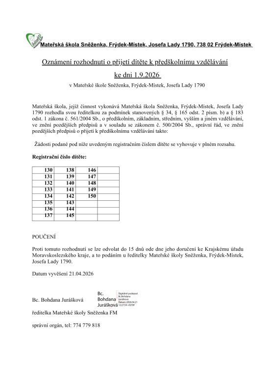 Oznámení rozhodnutí o přijetí dítěte k předškolnímu vzdělávání ke dni 1.9.2026